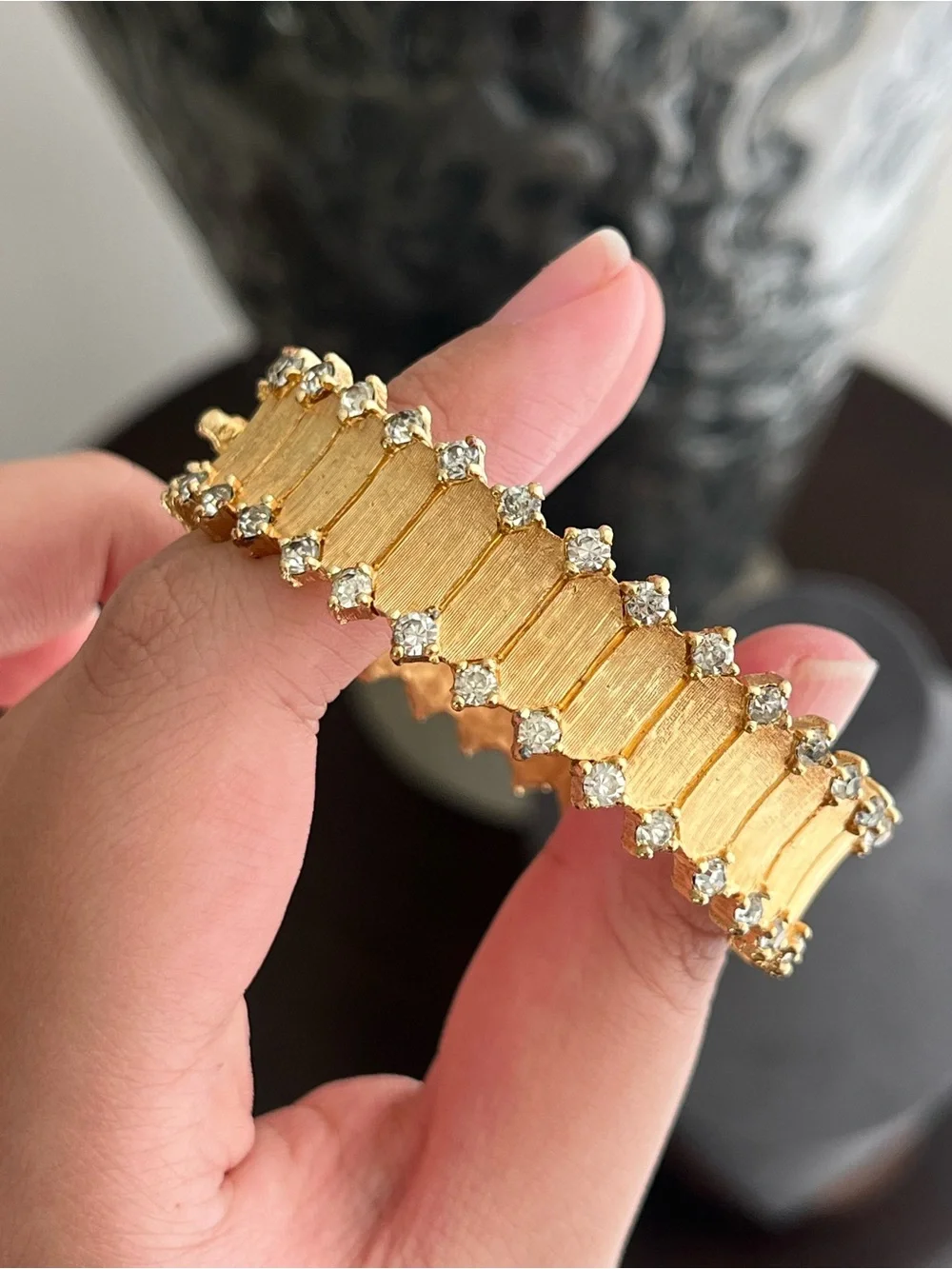 Vintage Joseph Mazer 40s Jomaz Rhinestone Tip Brushed Gold Cuff Bangle Bracele